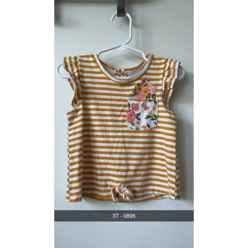 Mustard Yellow Striped Floral Embroidered Ruffle Tie Front Top Kids 3T 0896